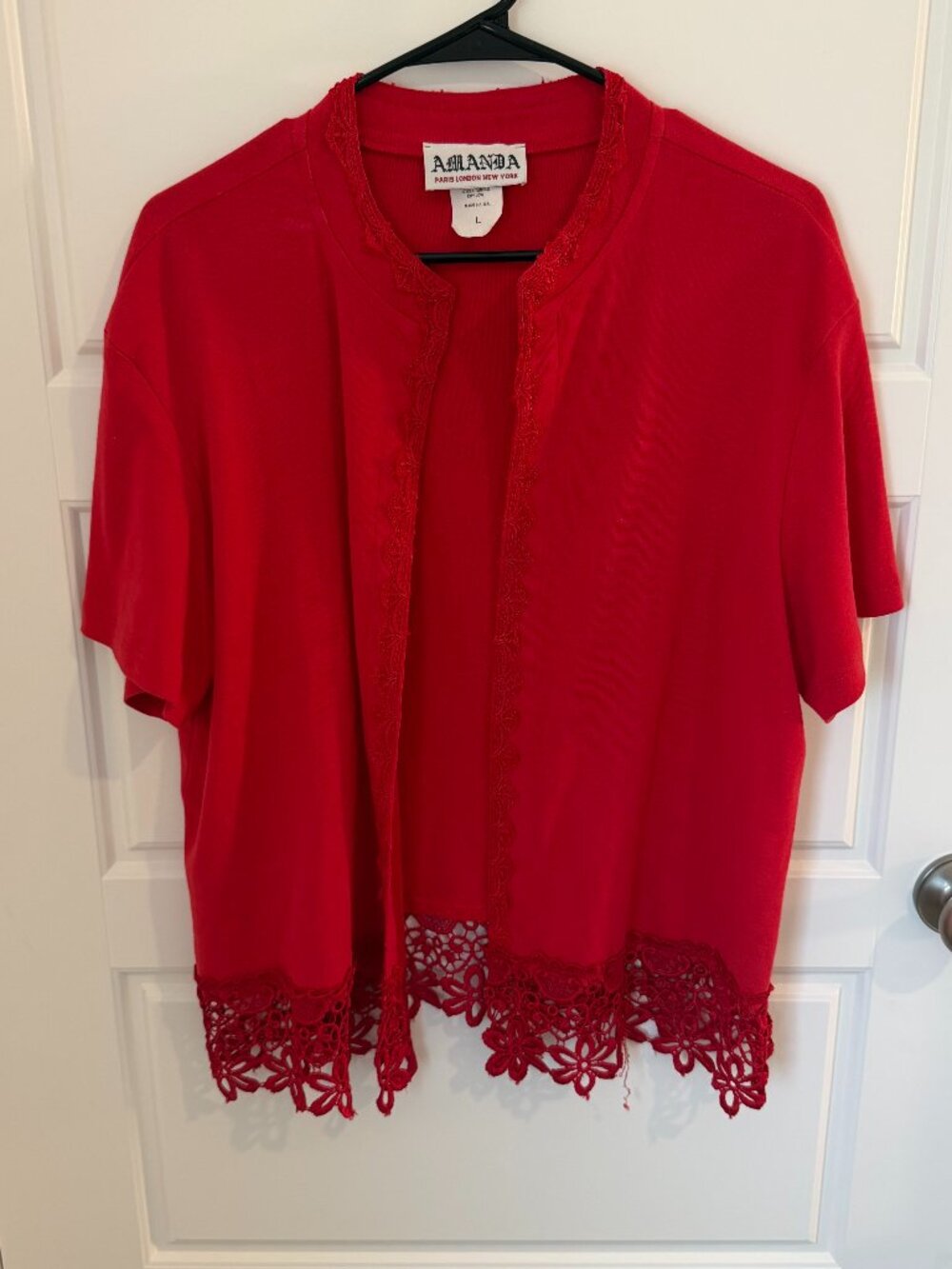 Amanda Paris London New York Red Open Front Cardigan Lace Trim Women's Large USA